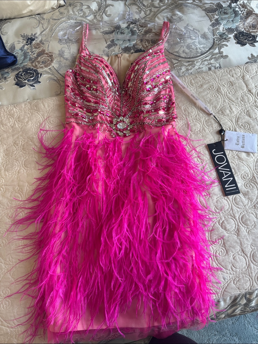 Jovani Hot Pink Feathered Cocktail Dress with Jeweled Bodice
